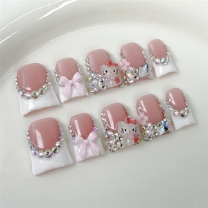 Uñas Postizas Acrílicas Hechas a Mano de Alta Calidad con Diseño de Lazo Dulce, Pato <span class=keywords><strong>Hello</strong></span> <span class=keywords><strong>Kitty</strong></span> y Punta Francesa Brillante, Venta al por Mayor - Product Image 1