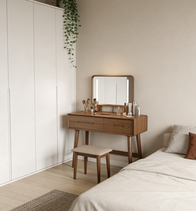Table de toilette minimaliste de style vintage en bois massif pour la chambre principale : <span class=keywords><strong>Coiffeuse</strong></span> tout-en-un <span class=keywords><strong>avec</strong></span> <span class=keywords><strong>miroir</strong></span> et bureau - Product Image 5