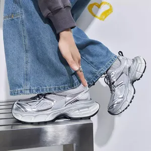 Mới phong cách Hàn Quốc xu hướng phụ nữ Chunky nền tảng CHA Chiều cao tăng Giày bạc giản dị ren-up đi bộ Sneakers