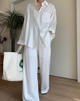 Vêtements pour femmes OEM, ensembles décontractés pour femmes, ensembles en coton et lin, tenues en deux pièces, ensembles de travail, chemise à manches longues, pantalon taille haute, costumes