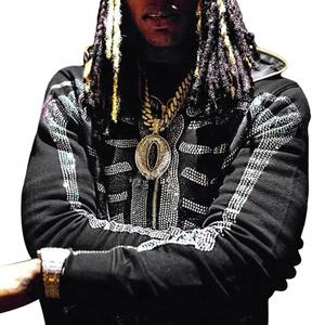 Sweat à capuche unisexe zippé en coton épais noir avec imprimé strass personnalisé et motif lettres, style streetwear automne pour homme - Product Image 4