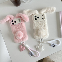 Coque de téléphone en peluche avec oreilles de lapin et motif animal pour iPhone 17 Pro Max, avec cordon et dragonne, collection Automne Hiver
