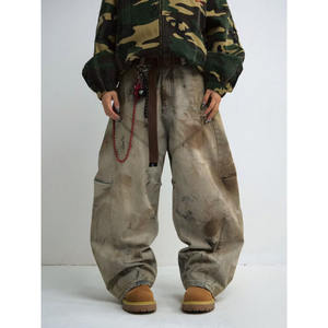 <span class=keywords><strong>Pantaloni</strong></span> Casual Streetwear <span class=keywords><strong>doppio</strong></span> ginocchio da uomo a vita media in Denim in tinta unita in tinta unita sporco Look lavato con <span class=keywords><strong>bottone</strong></span> laterale per uomo - Product Image 2