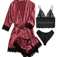 Ensemble de pyjama sexy en satin multi-pièces avec nuisette à col en V, manches trois-quarts et taille élastique en dentelle