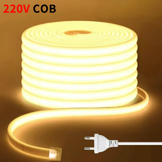 220V COB LED Strip 288LEDs/M 100M/Roll High Voltage Self-Adhesive No Dark Area Indoor Outdoor Commercial Lighting
