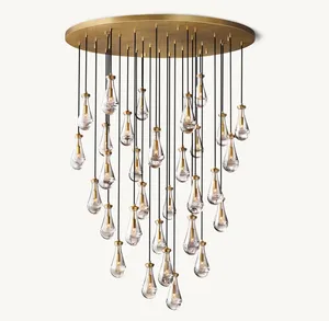 Custom Minimalist Glass Raindrop Brass Black Stairwell Living room Pendant Lamp Staircase Light Modern Chandelier