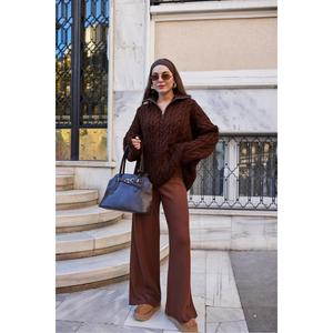 Coffee Colored Knitted Trousers <b>Elastic</b> Waistband Women's Sweater Pants Regular Fit Weaving Fabric Unlined Without <b>Belt</b> - Product Image 5