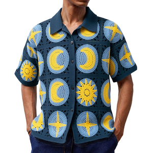 Chemise Polo <span class=keywords><strong>Homme</strong></span> Tricotée <span class=keywords><strong>Vintage</strong></span> de Haute Qualité à Motif Floral, Col Revers, Creuse, Décontractée, pour l'Été - Product Image 4