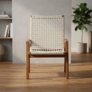 Chaise de salle à manger moderne en teck tressé de haute qualité avec accoudoirs et pieds coniques pour villa, hôtel, restaurant - Product Image 4