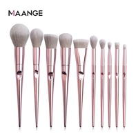 MAANGE Lot de 10 pinceaux de maquillage végétaliens avec logo personnalisé dans une pochette en PVC pour sac à cosmétiques Bling Glitter Pink Private Label Set de pinceaux de maquillage