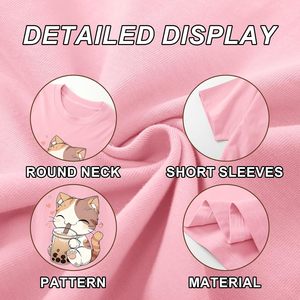FOXA Cute <b>Cat</b> Graphic T-Shirt Women's Summer Cotton <b>Tops</b> Bubble Tea Print Kawaii Cartoon Animal Design Regular Length - Product Image 5