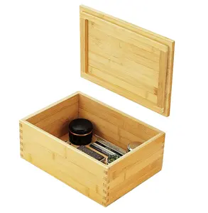 Caixa de pestana de bambu de madeira personalizada, tamanho grande com bandeja de rolamento, caixa de armazenamento de pestana de madeira artesanal