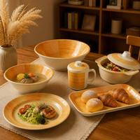 Service de table en mélamine série bois de pêche et vaisselle à grain de bois, assiettes, bols et tasses inspirés de la nature pour un usage quotidien, sans BPA