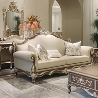 Canapé Fuyi Home en cuir véritable sculpté en bois massif, style rétro français, ensemble de salon de luxe européen mobile pour villas haut de gamme