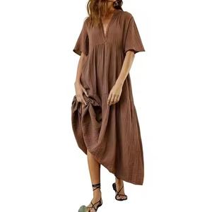 Vestidos Casuales de Verano 2025, Nuevo Diseño, Alta Calidad, 100% Algodón, Holgados, Maxi, Manga Corta, Cuello en V - Product Image 1