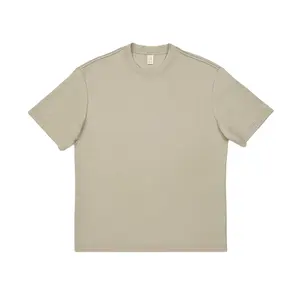 T-Shirt pria krem Solid OEM & ODM kustom-leher kru lembut katun dasar sehari-hari