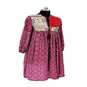 Vestido Anarkali Kurta Midi Boho de Algodón Tejido Rojo, Estilo Étnico, Corte en A, Transpirable, de Manga Larga, con Estampado Floral, Cintura Imperio, para Uso Diario de Verano - Product Image 2