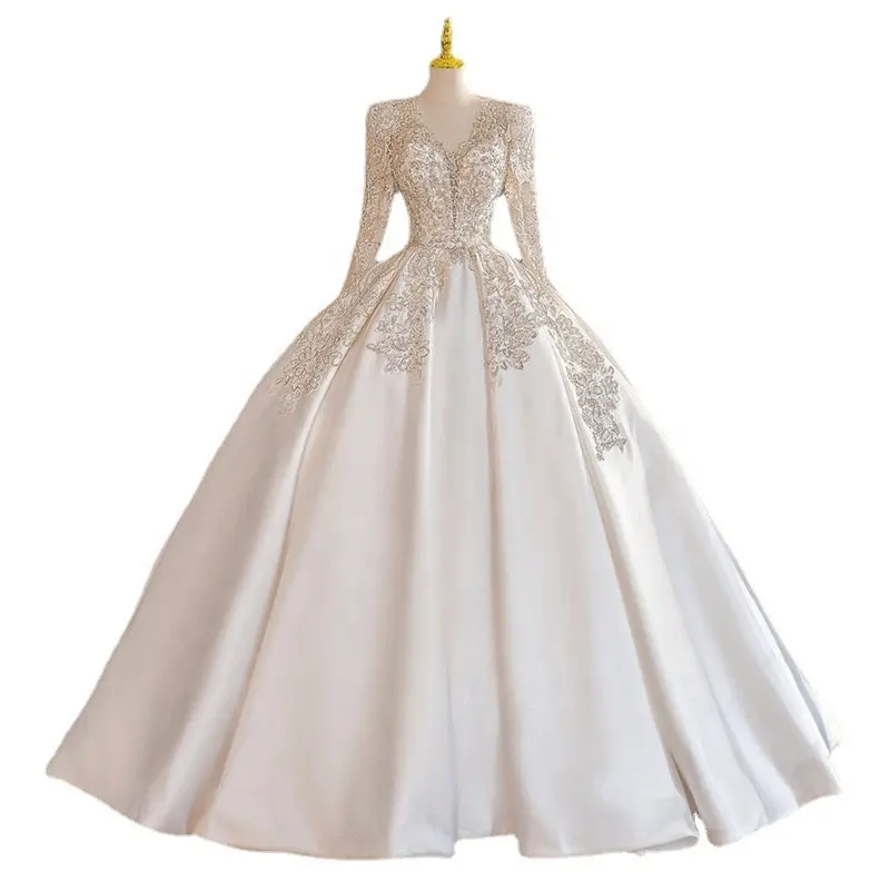 2023 new French wedding dress bride long sleeve V-neck satin high quality wedding dress for women OEM