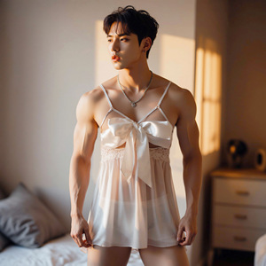Plus Size Lingerie Men's Suspender Dress Couple Crossdressing Role Play Sexy Bow Flirting Mesh See-Through - Product Image 4