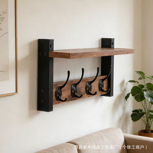 <b>Wall</b> <b>Mounted</b> Wooden <b>Shelf</b> With Hooks For Entryway Living Room Storage And Organization Durable Rectangle Design - Product Image 1