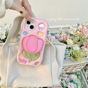 เคสโทรศัพท์มือถือซิลิโคนรูปดอกไม้น่ารัก พร้อมขาตั้งแบบยืดหดได้ สำหรับ iPhone 17 16 15 14 13 Pro Max ลายดอกทิวลิป ฝาหลังลายเมฆยาง - Product Image 5