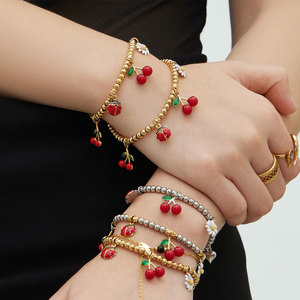 Bracelet et jonc imperméables en acier inoxydable 316L, plaqués or 14K 18K, avec perles cerises et breloques pour femmes - Product Image 1
