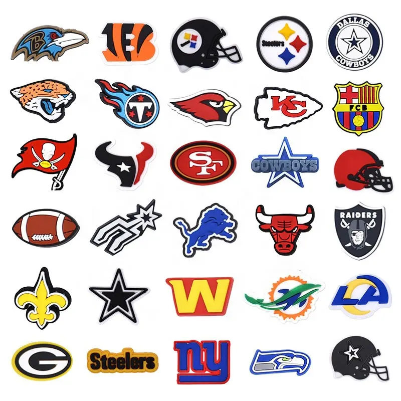 Großhandel PVC-Schuh-Charms für NFL Fußball-Sport-Team Steeler Redskins Raider Baseball Basketball-Team Logo-Charm für Ball-Liebhaber