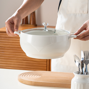 Marmite de cuisine en porcelaine texturée de bonne qualité, 2,5 L, grande soupière à relief, pot à soupe en céramique à double anse avec couvercle en verre - Product Image 1
