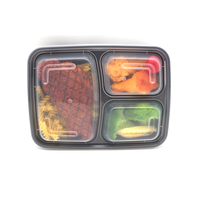 Boîte à lunch jetable en plastique PP à 3 compartiments avec couvercle transparent, compatible micro-ondes, emballage à emporter pour le stockage des aliments, couleur noire