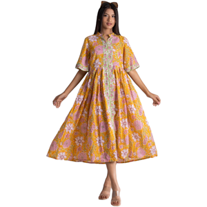 Vestido amarillo acampanado para mujer con detalles de ribete y diseño estampado, con un elegante cuello mandarín para ocasiones festivas - Product Image 3