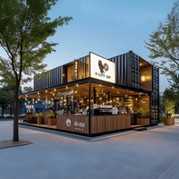 Simple Café & Roastery Featuring White Metal Stools and Linear Tiered Open Shelving Design
