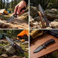 Couteau de poche pliant tactique de survie, lame Damas, manche en fibre de carbone, aiguisé, pour camping, certifié BSCI