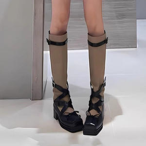 Version en peau de mouton ~ Nouvelles bottes fines à talon épais de style coréen pour femmes, bottes mi-mollet à nœud papillon, bottes d'équitation à boucle de ceinture - Product Image 3