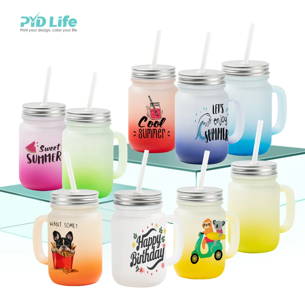 PYD Life 12oz 350ml Hot Sale Gradient Color Custom Cup Frosted Sublimation Mason Jar with Handle and Metal Lid and Straw
