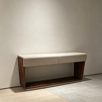 Console d'entrée moderne minimaliste en placage de bois de burl, avec plateau en cuir rembourré, table d'entrée en bois pour salon et maison