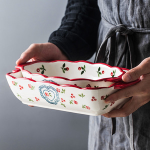 <span class=keywords><strong>Plat</strong></span> de cuisson ovale en céramique à fond profond avec poignées, compatible micro-ondes et four, vaisselle vintage florale bohème pour restaurant, vente en gros - Product Image 4