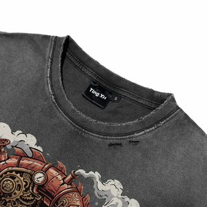 T-shirts pour hommes en coton respirant, style vintage délavé à l'acide, avec imprimé graphique steampunk, pour l'été, de haute qualité, coupe oversize - Product Image 3