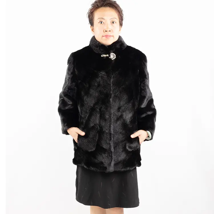 Chaquetas de piel de visón para mujer, abrigo cálido de alta calidad, color negro natural, con cuello levantado