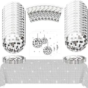 80 pièces fournitures de fête assiettes en papier argent danse décors de fête 8 invités ensembles de vaisselle jetables kit de vaisselle de fête à thème Disco