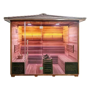 Large size traditional wood hemlock/ red cedar wet steam shower sauna room with Harvia stove