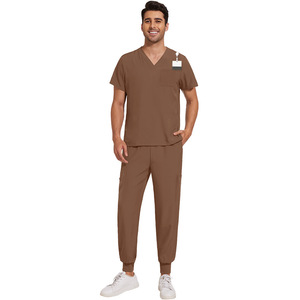 Tenue médicale pour homme - Haut à col en V et manches courtes, pantalon de jogging à revers, vêtements médicaux unis à haute élasticité 42167 - Product Image 1