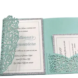 Элегантная темно-синяя карманная Свадебная пригласительная открытка 5x7 лазерная резка розы тройные приглашения Поздравительные открытки для украшения вечеринки