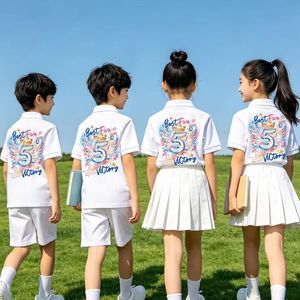 Chemises polo pour enfants à manches courtes, uniformes scolaires personnalisés, t-shirts d'été pour garçons et filles, activités de fin d'année, blanc - Product Image 1
