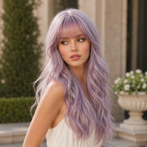 Perruque longue ondulée lavande à franges, résistante à la chaleur, en <span class=keywords><strong>cheveux</strong></span> synthétiques, couleur violet pastel, pour femmes, mode quotidienne, directement de l'usine - Product Image 6