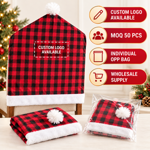 Décorations de Noël en gros, housse de chaise personnalisée <span class=keywords><strong>avec</strong></span> logo, en polyester, pour les fêtes, les hôtels, rouge et noir, à carreaux Buffalo, <span class=keywords><strong>avec</strong></span> motif chapeau de Père Noël - Product Image 2