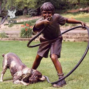 Statue pour enfants en plein air Sculpture de jardin en bronze grandeur nature d'un garçon et d'un chien-Statue du meilleur <span class=keywords><strong>ami</strong></span> - Product Image 2