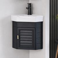 Mini meuble-lavabo mural d'angle noir pour petite salle de bain étroite, lavabo triangulaire en céramique avec miroir rectangulaire