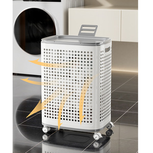Large Capacity Collapsible Rolling Laundry Hamper Lid Perforated <strong>Plastic</strong> <strong>Basket</strong> Wheels Storage Bin Handle Modern Design Bathroom - Product Image 4
