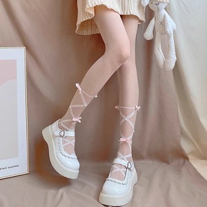 Lolita Student White Stockings 8D Ultra Thin Calf-Length Lace-Up Bow Pantyhose Women Spring Autumn Transparent - Product Image 3