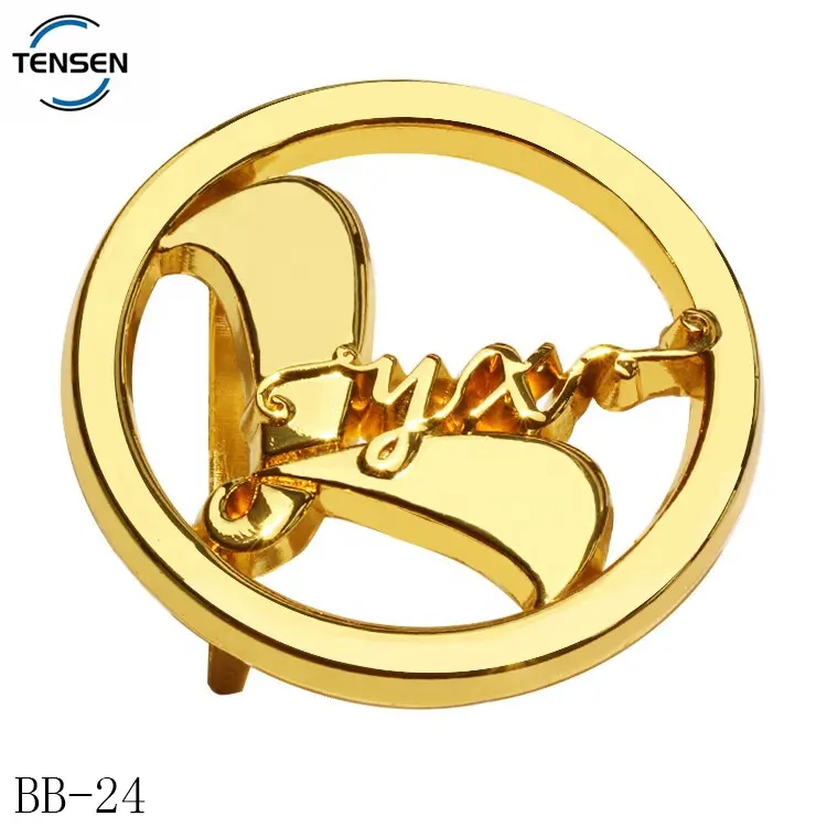 High polish gold belt buckle supplier custom hollow logo round letter hardware buckle metal for canvas belt
